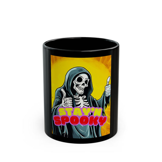 Stay Spooky Black Mug - 11oz & 15oz, Halloween Gift, Tea & Coffee Drinkware, Spooky Theme, Skull Design